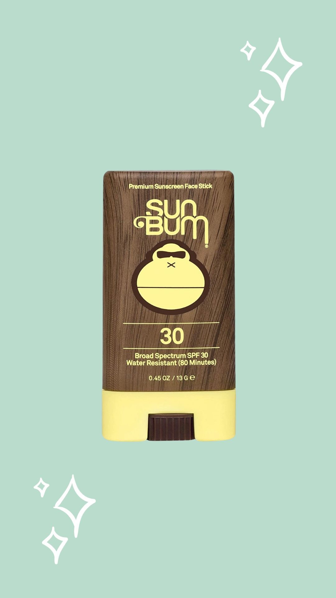 Sunbum sunscreen stick, mint background with sparkles