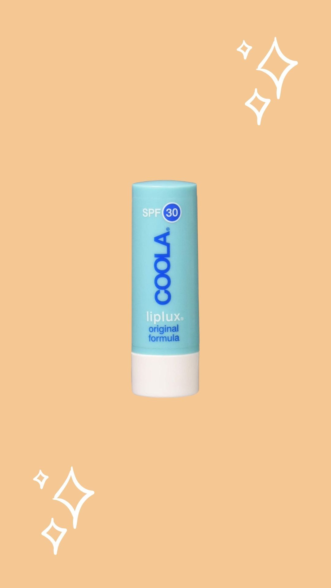 Coola SPF lip balm, orange background with sparkles